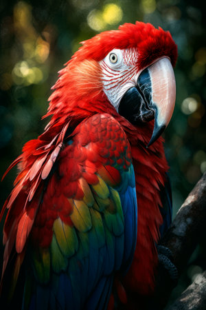 Close up of a scarlet macaw perched in the tropical rainforest, showing vivid red, green, and blue feathers in natural lightの素材