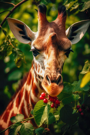 Close up of a giraffe munching on fresh green leaves and berries, showing its unique face and long mouth in natural habitatの素材