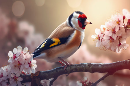 Colorful goldfinch bird resting on a blooming cherry blossom branch in spring, surrounded by delicate pink flowers.の素材