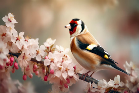 Colorful goldfinch bird resting on a blooming cherry blossom branch in spring, surrounded by delicate pink flowers.の素材