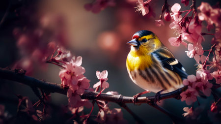 Colorful goldfinch bird resting on a blooming cherry blossom branch in spring, surrounded by delicate pink flowers.の素材