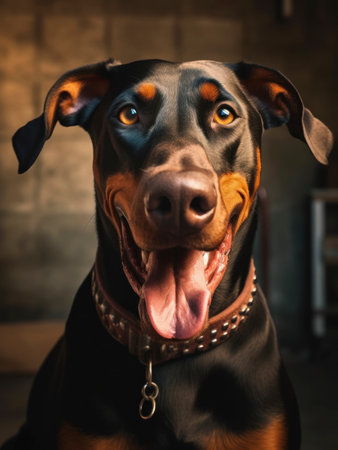 Close-up portrait of a cheerful Doberman with his tongue hanging outの素材