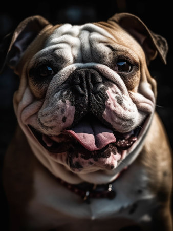 Portrait of a happy bulldog. Close-up portrait of a cheerful bulldog with his tongue hanging ouの素材