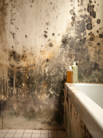 Close up of black mold and fungus growth on a shower wall, showing dampness and water damage in the bathroom.の素材