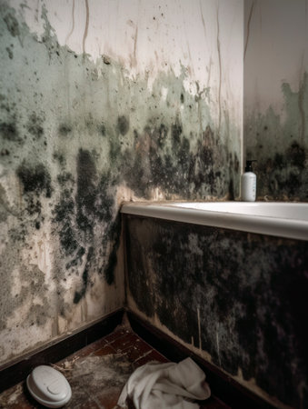 Close up of black mold and fungus growth on a shower wall, showing dampness and water damage in the bathroom.の素材