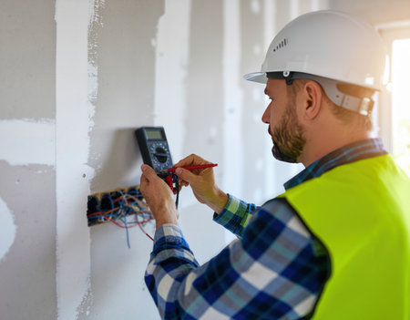 Electrician using digital multimeter to measure electrical current in a roomの素材