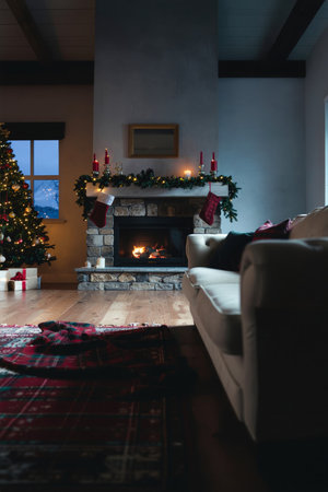 Cozy Christmas Living Room with Fireplace and Decorated Treeの素材