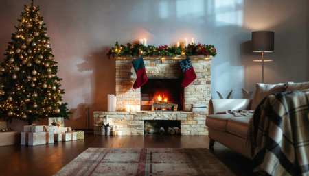 Cozy Christmas Living Room with Fireplace and Decorated Treeの素材