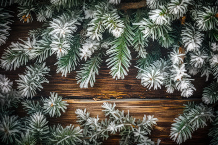 Frosted Evergreen Branches Border on Rustic Woodの素材