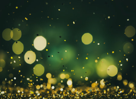Festive gold glitter and floating confetti over deep emerald green with soft circular bokehâperfect for elegant holiday, party, and luxury celebration designs.の素材