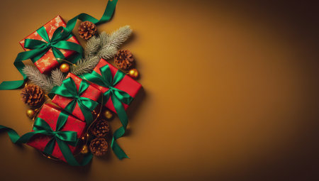 Golden Christmas background with fir branches, pinecones and gift boxes and empty space for text or design on the left.の素材