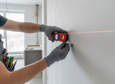 A close-up of a construction worker measuring a white wall with a laser level in a modern apartment undergoing renovationの素材