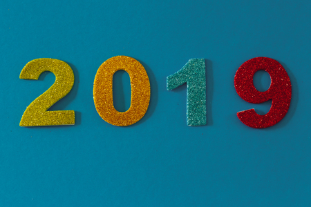 Happy New Year 2019 on a blue backgroundの写真素材