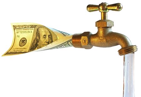 faucet, processing dollars in waterの写真素材