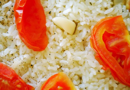 asian vegetarian pillau closeup shot. With tomatoの写真素材