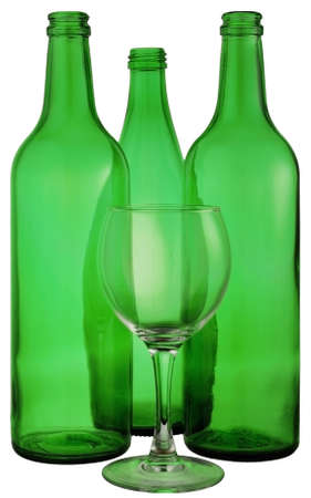 bottle from green glass and wineglass  on whiteの写真素材