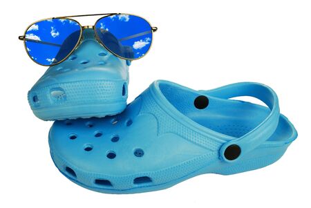 blue beach sandals on a white background
