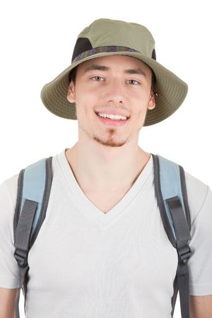 young man tourist on a white backgroundの写真素材