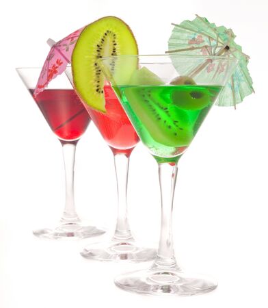 three glasses of cocktails on a white backgroundの写真素材