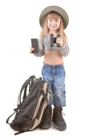 Friendly girl - tourist  in walking clothing on whiteの写真素材