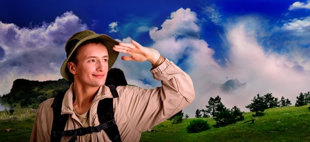 young man dressed in a tourist on a white background