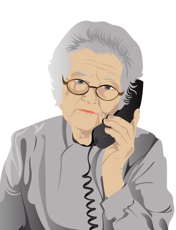 portrait of elderly woman is in red with an dark blue telephoneのイラスト素材