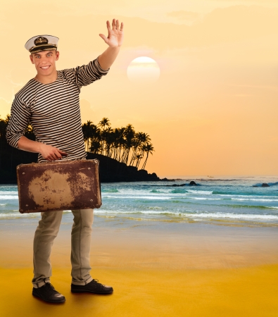 Portrait of a sailor with a suitcase , collageの写真素材