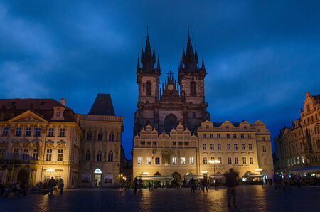 PRAGUE, CZECH REPUBLIC - SEP 03  Night time illuminations of the  Town Square and fairy tale Church of our Lady Tyn  1365  on Sep 03, 2013 in Prague, Czech Republic のeditorial素材