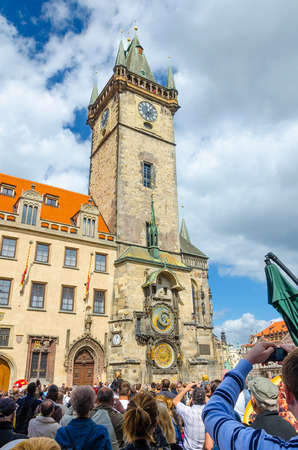 PRAGUE, CZECH REPUBLIC - SEP 01  Old astronomical clock on City Hall tower  Old town square on Sep 01, 2013 in Prague, Czech Republic のeditorial素材
