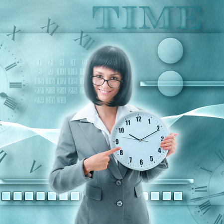 young woman in office attire with clock on art backgroundの写真素材