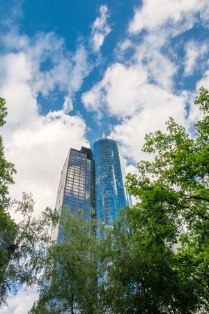 FRANKFURT AM MAIN, GERMANY - MAY 19, 2016: Skyscrapers of Frankfurt am Main. Frankfurt am Main is a dynamic and international financial and trade city with the most imposing skyline in Germany.のeditorial素材
