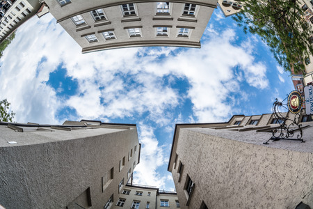 MUNICH, GERMANY - MAY 15, 2016: eyes in the sky among the buildings of historical part of the city