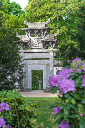 FRANKFURT AM MAIN, GERMANY - MAY 18, 2016: Chinese park in Frankfurt am Main. A quiet, beautiful place to relax. Popular with locals and tourists. It recreates the atmosphere of eastern culture in the heart of Europe.のeditorial素材