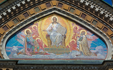 ST. PETERSBURG, RUSSIA - JULY 14, 2016: Interior of Church of the Savior on Spilled Blood. Architectural landmark and monument to Alexander II. Church contains over 7500 square meters of mosaics. mosaic on the outside of the Church of the Savior on Blood,の写真素材