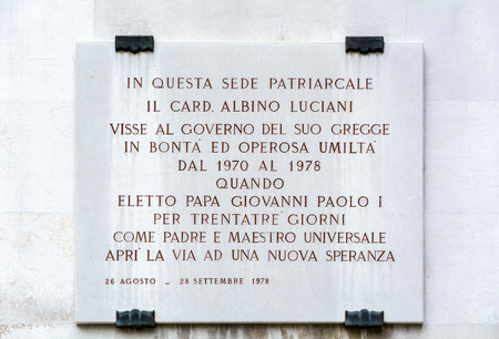 VENICE, ITALY - MAY 14, 2019: Memorial plaque to John Paul I at the palace of the patriarchs of Veniceのeditorial素材