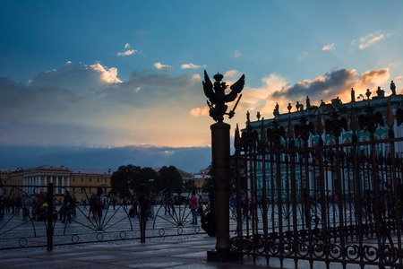 SAINT PETERSBURG, RUSSIA - JULY 15, 2016: Bronze State two-headed eagle on the fence of the Alexander Column on The Palace Square in St. Petersburg, Russiaのeditorial素材