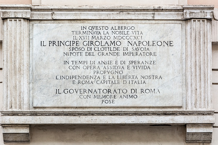 Rome, Italy - Oct 04, 2018: Memorial inscription  on the facade of the Hotel de Russie in Romeのeditorial素材