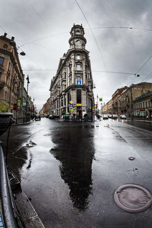ST. PETERSBURG, RUSSIA - JULY 16, 2016: The building on the corner of Five Corners. One of symbols of city is Apartment house with turretのeditorial素材