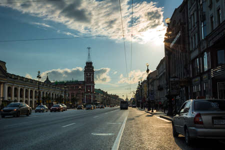 ST. PETERSBURG, RUSSIA - JULY 15, 2016: Evening traffic on Nevsky Prospect, the white night in St. Petersburg, Russiaのeditorial素材
