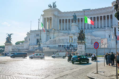 Rome, Italy - Oct 03, 2018: Italy state flag on Monument for Victor Emenuel II, in Rome, Italyのeditorial素材