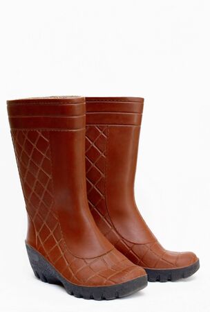 rubber boots, brown on white background isolatedの写真素材