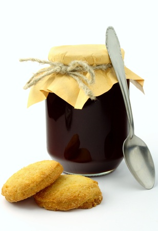 jam in the pot on a white backgroundの写真素材
