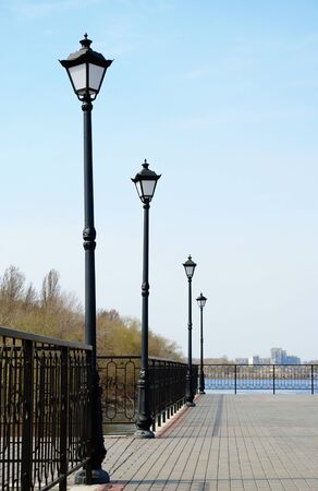 lights and a paved walkway gray tilesの写真素材