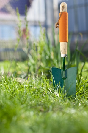 shovel on the lawn in the gardenの写真素材