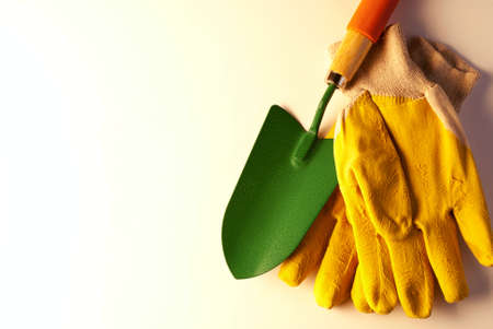 garden trowel and gloves on a gradient backgroundの写真素材