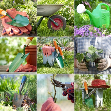 Composite image of nine photos of gardening themes showing plants and tools like shovels, watering can, wheelbarrow and other itemsの写真素材