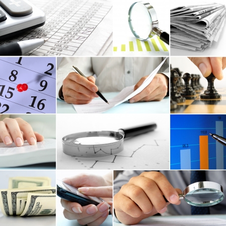 Composite of nine close-up images of office themes showing dollar bills, graphs, tables, and office workersの写真素材