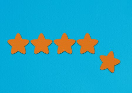 Orange stars rating on a blue background. A conceptual image of a level or achievement.