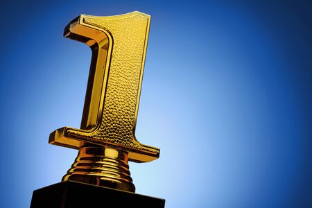 Close-up of 3d golden number one on blue background for copy space as concept for achievement, first award and leadershipの写真素材