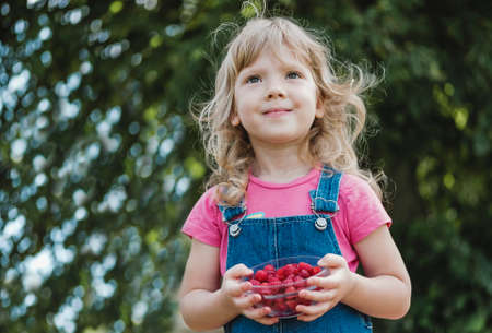 Smiling young blond girl holding a bowl of fresh ripe juicy raspberries in a low angle view outdoors against green leavesの写真素材